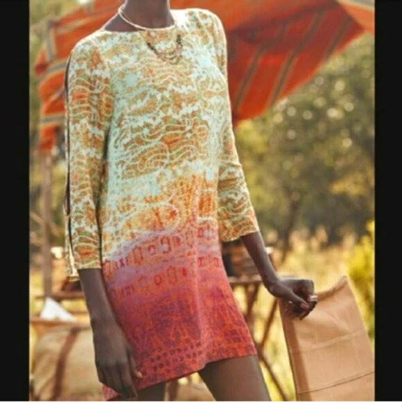 Anthropologie Dresses & Skirts - Anthropologie Maeve "Cleome" Turquoise Ombre Silk Open Sleeve Shift Dress